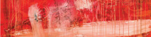 An abstract detail of a painting with splashes of red and light pink colors, with drips falling over the top.