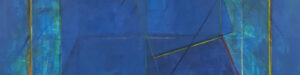 An abstract detail of a painting in blue tones with random yellow lines across it