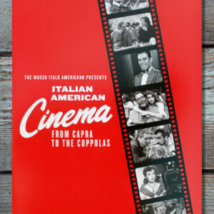 The exhibition catalogue Italian American Cinema, the cover featuring a diagonal black-and-white film strip featuring various images from classic Italian films, with the title is displayed in large white font on the left side .