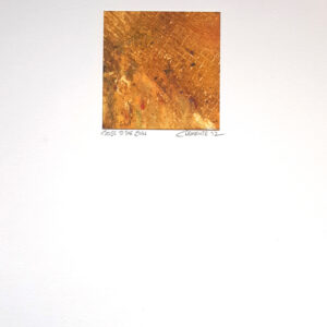 An abstract painting featuring orange, yellow and golden hues.