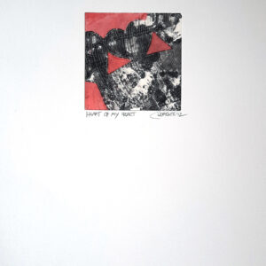 An abstract painting featuring three black and white hearts on a pink background.