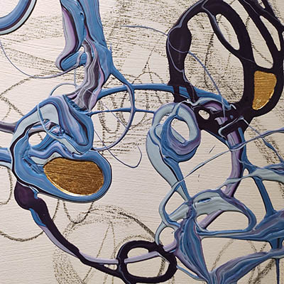 An abstract detail of one of Bocchino's paintings featuring circles and lines in light blue, dark blue, brown, and gold colors on a white background.