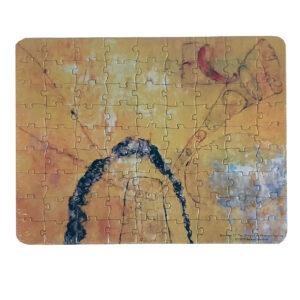 A puzzle with a design featuring Serena Bocchino's What Am I?, a yellow-toned abstract piece.