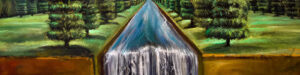 A detail from one of Riccardo's paintings: a river with the top of a waterfall in the middle and lines of trees on both sides.