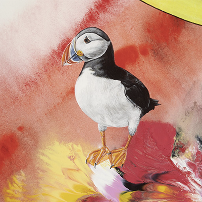 A detail from one of Kara Maria's paintings featuring an abstract background of warm colors (yellow, orange, and red) with a figure of a bird in the foreground