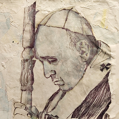 
An ink drawing of Pope Francis shows him with his forehead touching a pole, as if he is praying.