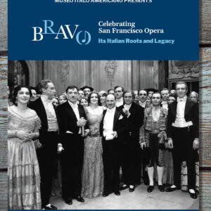 The exhibition catalogue of Bravo: Celebrating San Francisco Opera, the cover featuring a top blue line with the title and a black-and-white 1932 La Traviata opera scene.