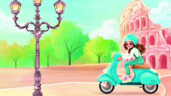 A young girl is riding a Vespa scooter through the streets of Rome. The iconic Colosseum is visible in the background on the right side of the image, while on the left side, there is a streetlight pole with three lights.