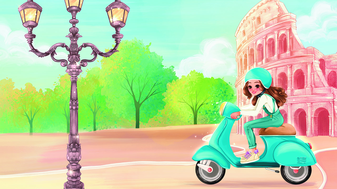 A young girl is riding a Vespa scooter through the streets of Rome. The iconic Colosseum is visible in the background on the right side of the image, while on the left side, there is a streetlight pole with three lights.