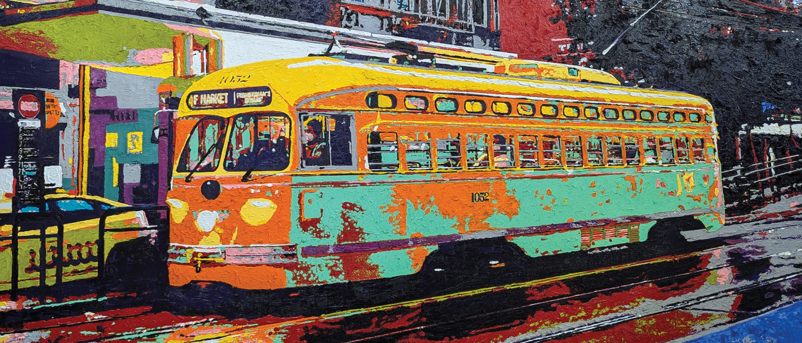 A digitally stylized painting of a vintage streetcar with a yellow and orange color scheme, marked "F Market," in a bold, textured style.