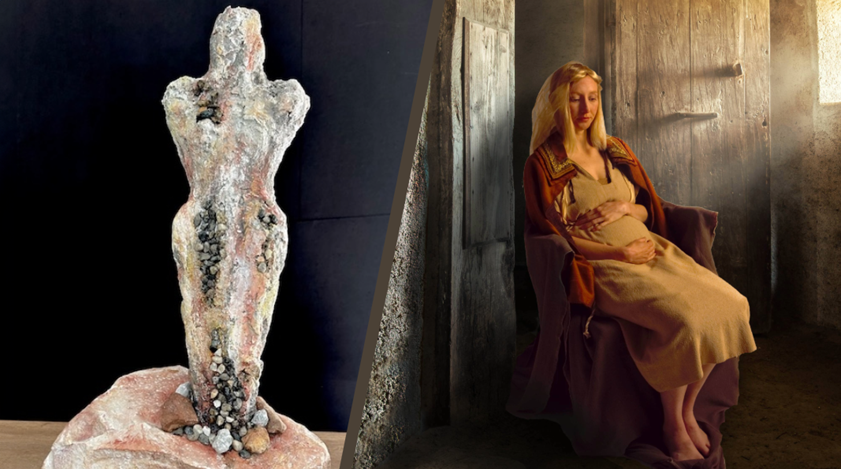Two images are split diagonally in the center by a wide grey line. To the left of the line is a stone figure in the vague shape of a person mounted on a rock of the same color. The head, shoulder, hips, and legs are a pale pink and grey color, and some darker grey and brown pebbles seem to fall down the figure into the small hollow of the rock the figure stands on. The statue sits on a natural wooden table, and the figure contrasts with the dark navy blue wall in the background. To the right of the grey line is a pregnant women in a plain yellow dress sitting and holding her belly in both hands. She wears a red coat with gold brocade on her shoulders, a translucent veil on top of her golden hair, and the chair below her is covered in a plain brown fabric. Her bare feet rest on the extra fabric. She has a relaxed but slightly unhappy expression as she looks somewhere to the lower right of the painting. Light comes in from a stone window to her right, lighting up the bare wood walls and stone of the room. A door stands open behind her, leading into a plain grey hallway.