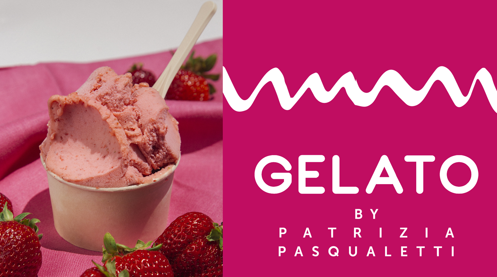 An image of pale pink gelato with red specks in a pale brown cup with a white plastic spoon inside of it. The cup sits on a neon pink fabric, and ripe strawberries with leave are placed around the cup. To the right of the image is a neon pink square with a white squiggly line running horizontally across it, just above the center. Below the white line is white text that reads "Gelato By Patrizia Pasqualetti."