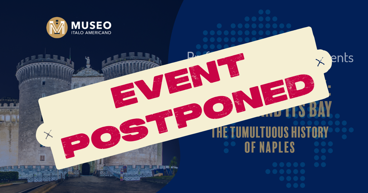 Banner for a Museo Event with a blue background. Over the banner is a cream rectangle with the words "Event Postponed" written in red over it.