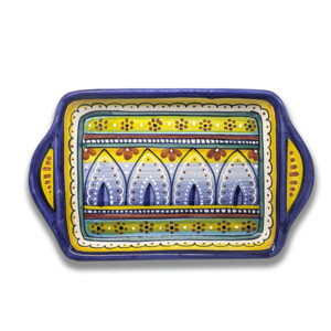 A rectangular serving tray featuring a blue and yellow design, featuring floral accents.
