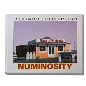 The hardcover book Numinosity, the cover featuring Richard Louis Perri's painting Red Java House, with Richard Louis Perri in black above the image, and the title NUMINOSITY in red uppercase below the image.