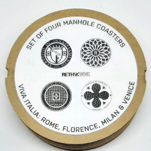 A set of 4 round cork coasters, each with the design of a manhole inspired by four Italian cities.