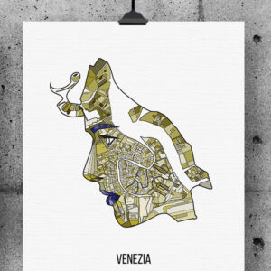 A green-colored map of Venice, designed to incorporate the face of a woman.