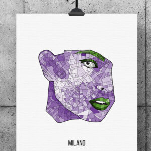 A purple-colored map of Milan, designed to incorporate the face of a woman.