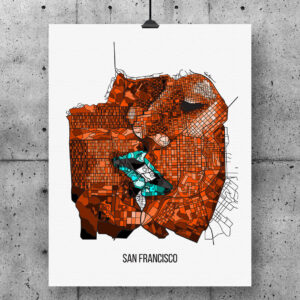 A orange-colored map of San Francisco, designed to incorporate two kissing faces.