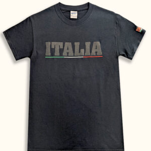 A black t-shirt with "Italia" in dark grey lettering across the front, underlined by the Italian flag.