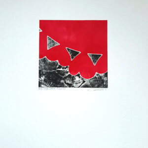 An abstract painting featuring a red background and black and white triangular forms.