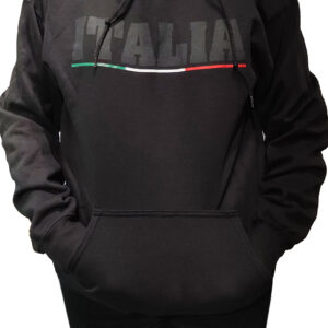 A black hoodie sweater with "Italia" in dark grey lettering across the front, underlined by the Italian flag.