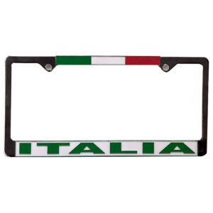 Black license plate frame with the colors of the Italian flag lining the top of the frame and the word "Italia" written in green over a white background on the bottom.
