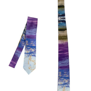 Two images of a tie with a purple, blue, and green abstract painting design on them. One image of the tie is folded in half, the other image shows the tie in its full length.