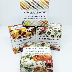 The four Autunno mini soaps pictured together, each wrapped in their own design-specific paper with the VIA MERCATO logo.