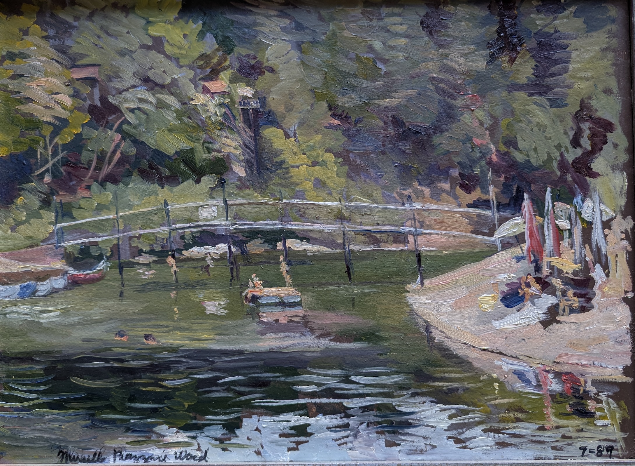 Painting of the Russian River. Thick brush stroke depict the river bend with a thin bridge crossing over it and a river bank with figures lounging under umbrellas. People are also depicting jumping off a floating dock in the middle of the river, and in the background there is a steep incline lined with trees and small houses in the tree line.