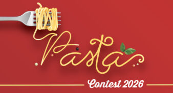 Banner for the upcoming Pasta Contest at the Museo. The image features a fork at the top left with spaghetti on it that spools out to spell the word "pasta" in the center of the image. At the bottom between two straight pieces of spaghetti the words "Contest 2026" are printed in white. This is all on top of a bright red backgroud.