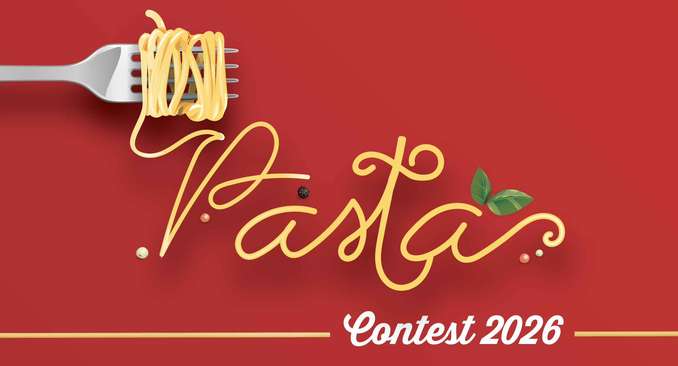 Banner for the upcoming Pasta Contest at the Museo. The image features a fork at the top left with spaghetti on it that spools out to spell the word "pasta" in the center of the image. At the bottom between two straight pieces of spaghetti the words "Contest 2026" are printed in white. This is all on top of a bright red backgroud.