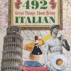 The cover of your book is a delightful montage of iconic Italian imagery.The Leaning Tower of Pisa, an emblem of Italian architecture, a vibrant red sports car takes center stage. Nearby, a bottle of Chianti, a hallmark of Italian wine culture, and a steaming cup of cappuccino, representing the country's rich coffee tradition. Completing this artistic composition, the iconic statue of David