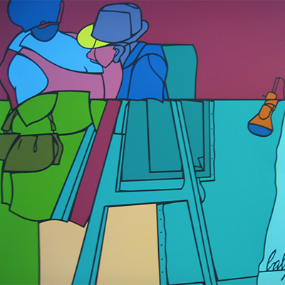 There is a detail from Adami's artwork: a big print showing a man and a woman done in very vibrant colors that don't match reality. It seems that the man is looking at the woman's breast. Part of the image appears to be cut with a door below the two halves of the figures.