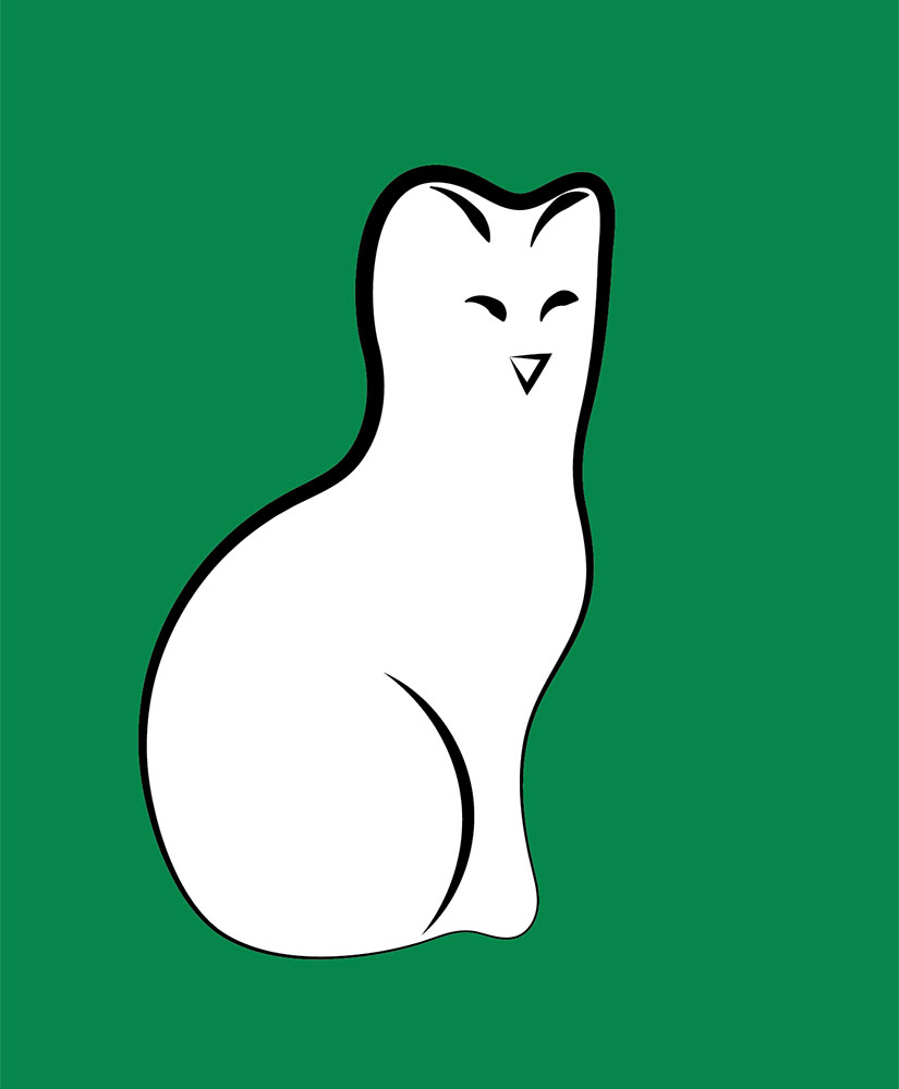 Drawing of Bufano's sculpture representing a Cat. Animal in white background in green.