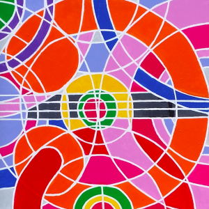 The abstract painting features numerous circular white lines filled with colors, predominantly red, orange, purple, pink, lavender, blue, with a touch of green.