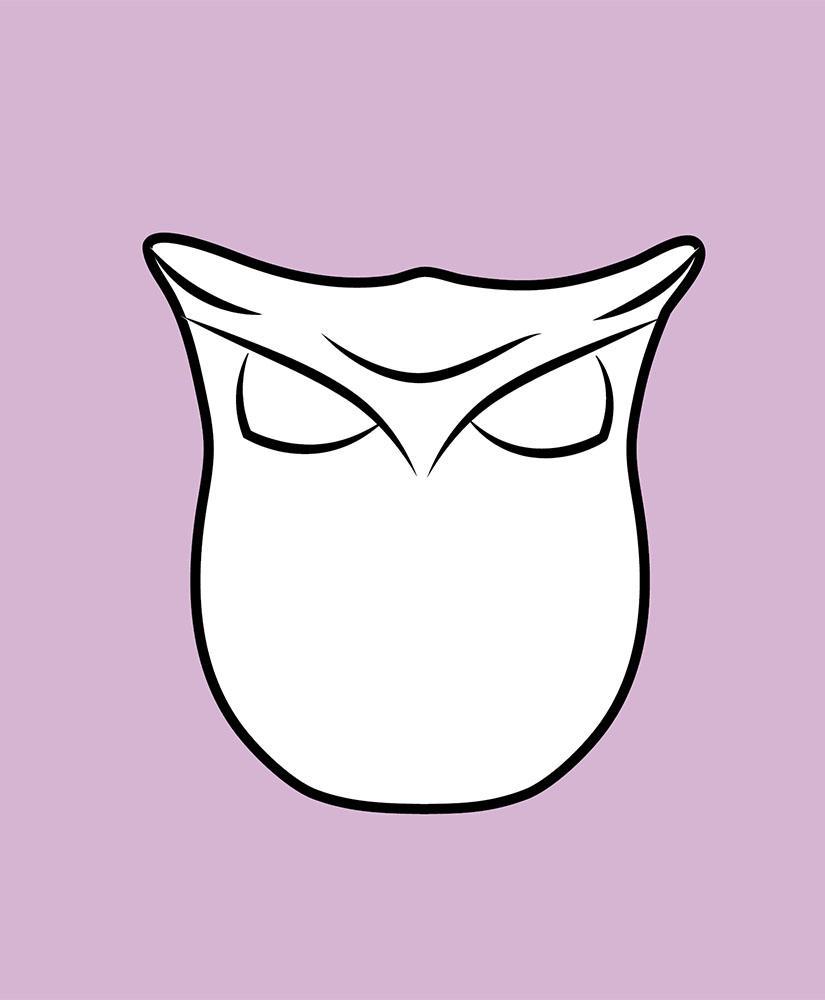 Drawing of Bufano's sculpture representing an owl. Animal in white background in pink light.