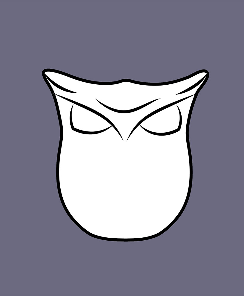 Drawing of Bufano's sculpture representing an Owl. Animal in white background in dark gray-purple.