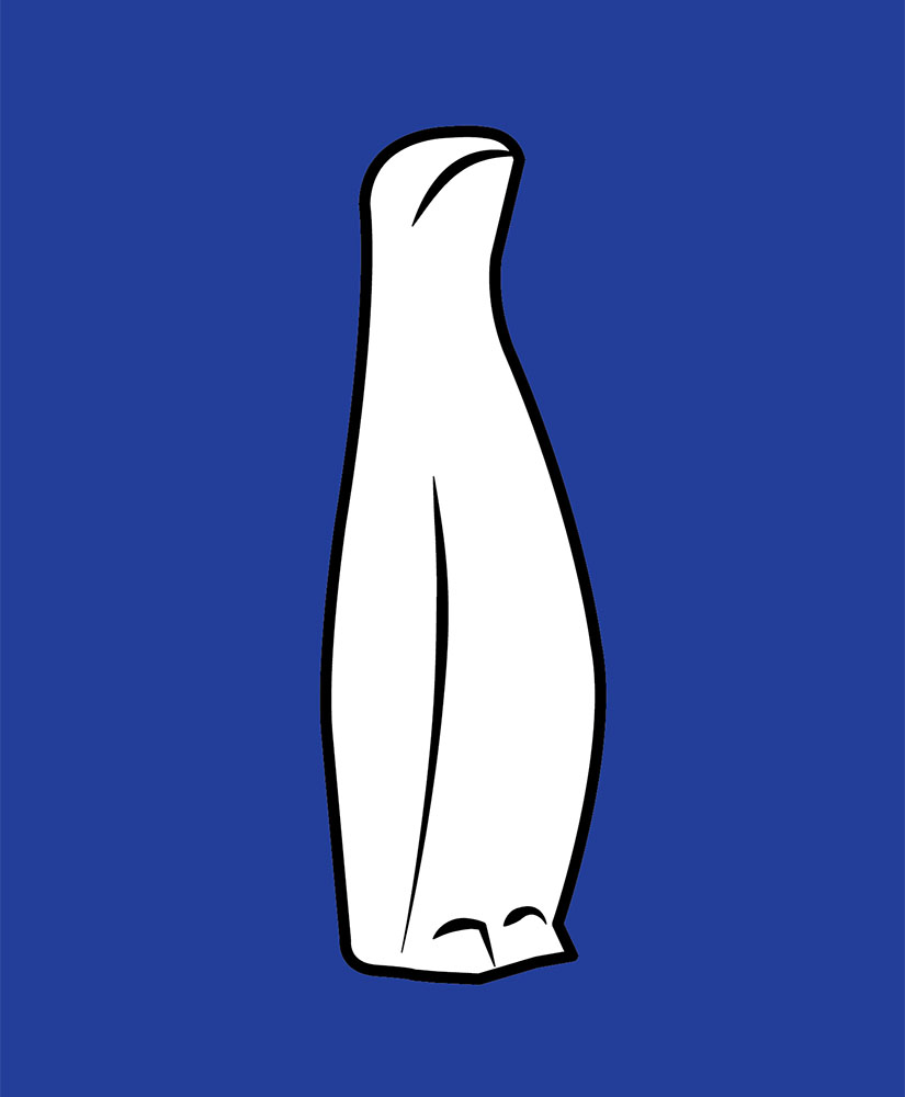 Drawing of Bufano's sculpture representing a Penguin. Animal in white background in blue.