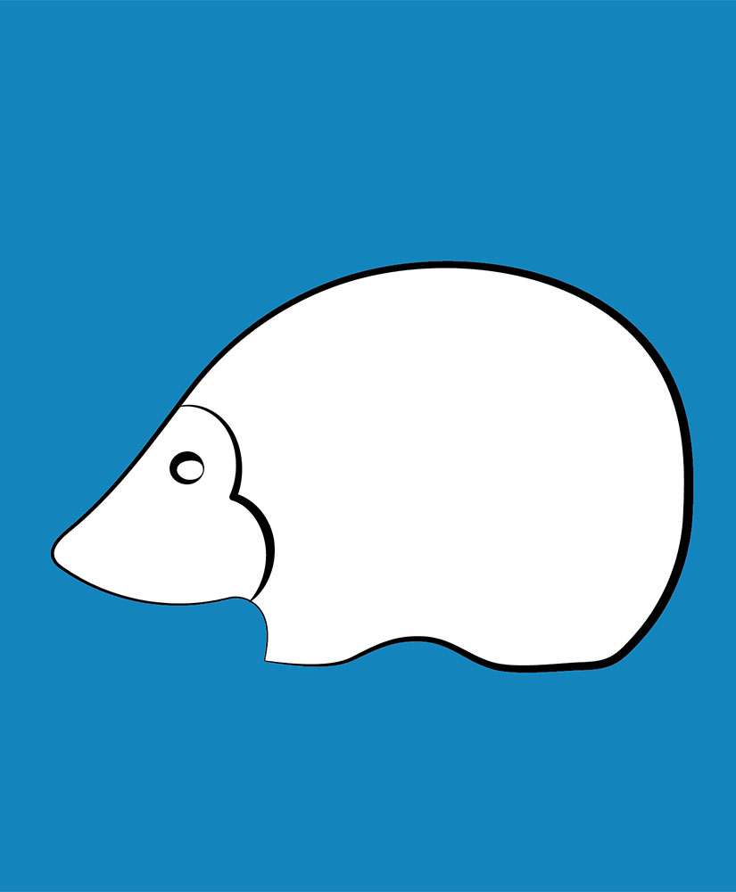 Drawing of Bufano's sculpture representing a Porcupine. Animal in white background in light blue.